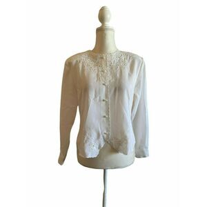 Notation women button front embroidered long sleeve white shirt blouse sz 4P
